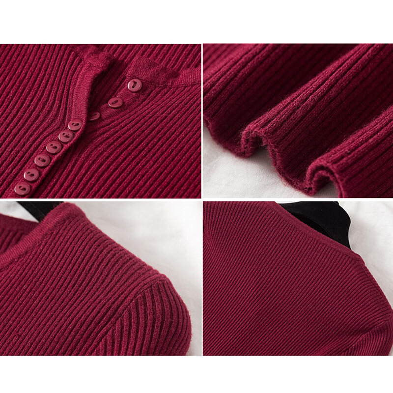 Suéter básico con botones y cuello en V para mujer, Jersey ajustado, Top de punto, B02163, Otoño e Invierno