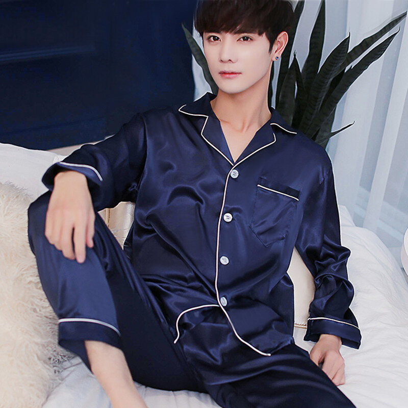 CAIYIER-Conjunto de pijama de seda masculino, roupa de manga comprida, cor sólida, pijamas macios, roupas soltas, estilo moderno, primavera, verão, L a 3XL