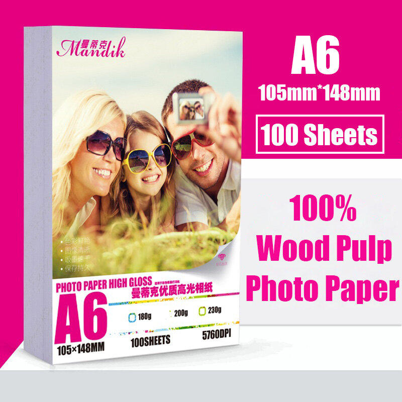 100 hojas de inyección de tinta de alta superficie brillante, tamaño A6, papel brillante, papel fotográfico, 200gsm, 230gsm