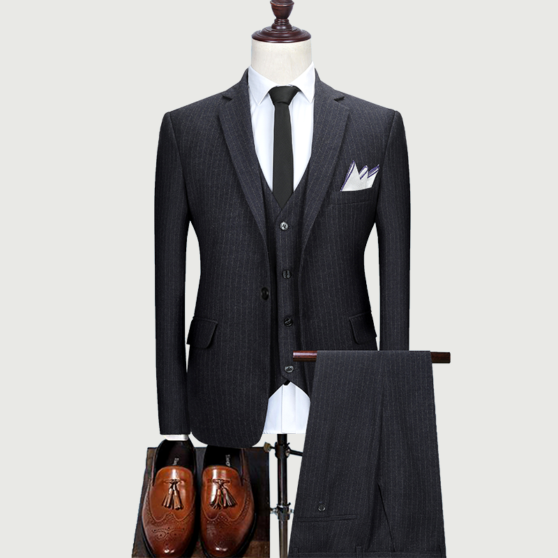 (Пиджак + жилет + брюки) Фирменный модный бутик полосатый тонкий мужской облегающий деловой повседневный костюм 3 шт. комплект жениха свадебное платье смокинг