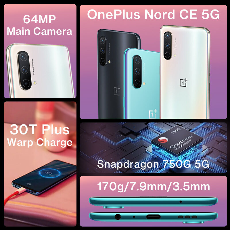Oneplus-スマートフォン,5g,RAM 8GB,ROM 128GB,12GB,256GB,トリプルカメラ付き,スマートフォン,モバイル端末,Snapdragonプロセッサ750G,充電器30T plus