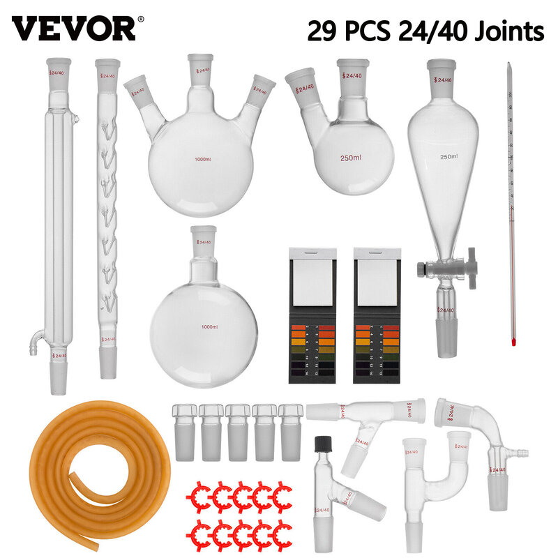 VEVOR-Kit de química de cristalería de laboratorio, destilador, 24/40 juntas, matraz, mortero y Maja, material escolar, 13/29/32 piezas