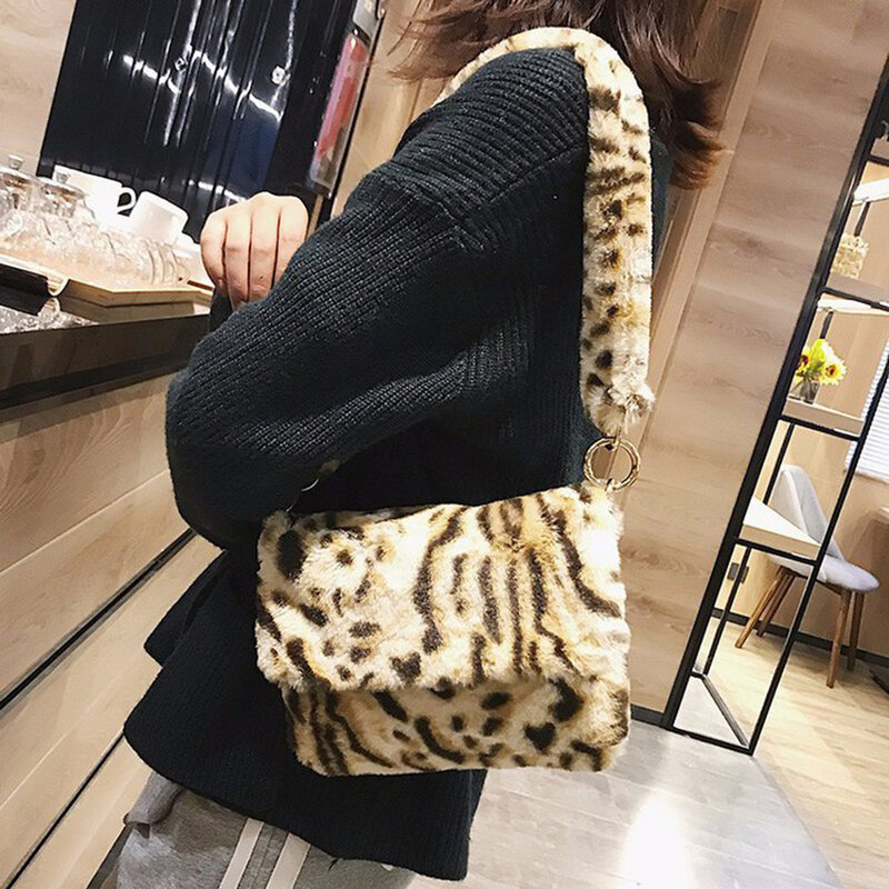 Women Winter Faux Fur Shoulder Bag Winter Soft Plush Leopard Print Ladies Hand Bags Fashion Party Female Handbag Torebka Damska