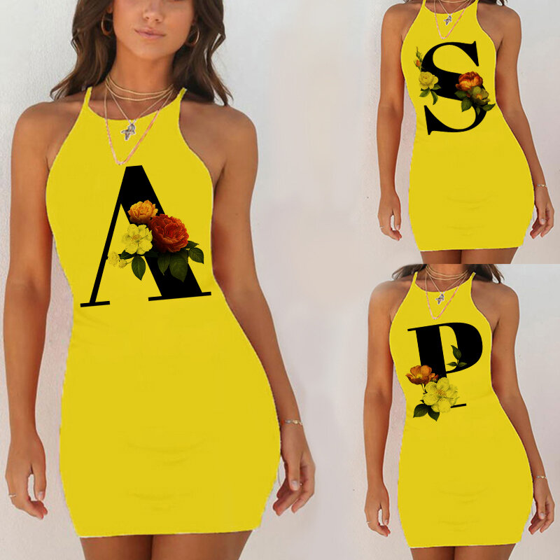 Camisón con estampado del alfabeto inglés para mujer, ropa de dormir Sexy, camisas de noche, paquete de cadera, vestido de noche amarillo, verano, 26