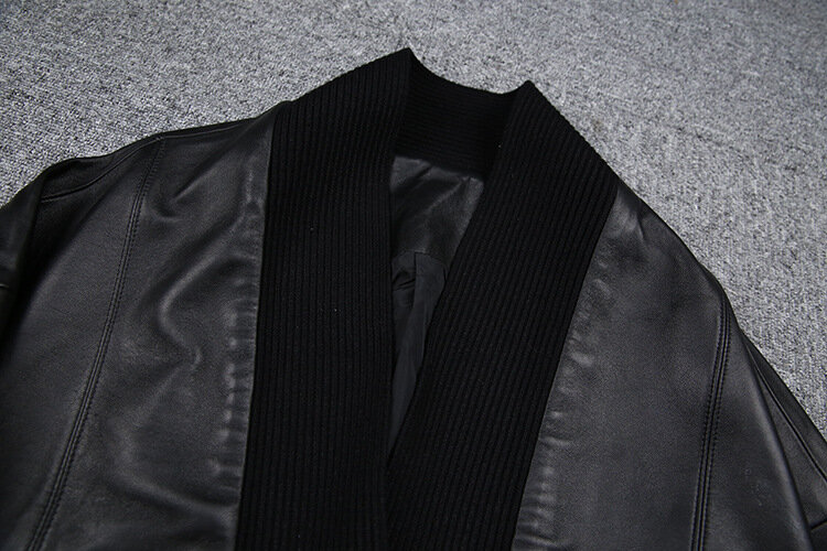 Jaqueta curta costurada couro legítimo feminina, jaqueta estilosa costurada em couro de ovelha 2021