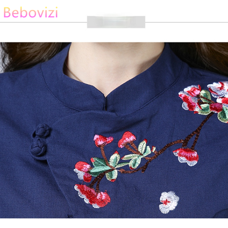 Bawełniana pościel chiński styl Qipao koszula dla kobiet niebieski biały Hanfu haft Retro lato luźna Han Fu tradycyjna bluzka Top