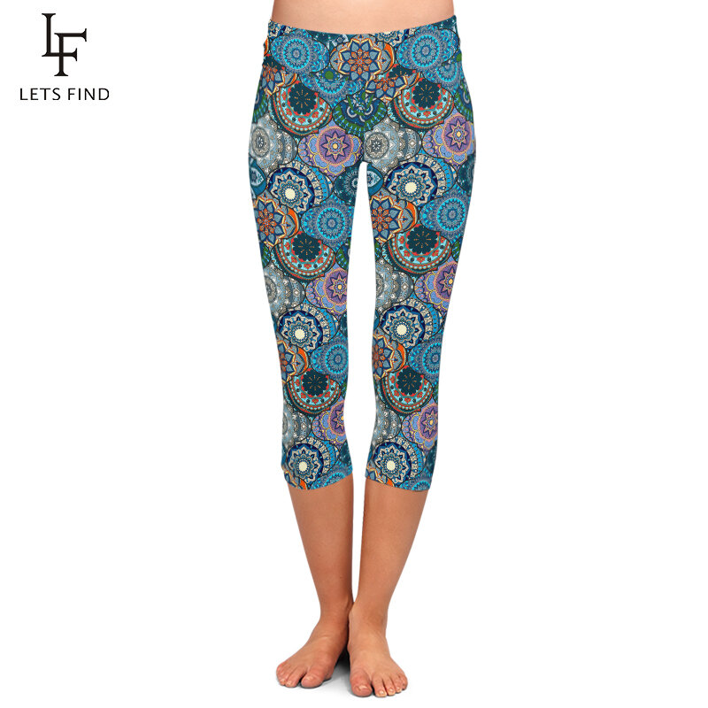 Letsfind mandalas imprimir cintura alta capri leggings elasticidade feminino digital impresso leggins empurrar para cima calças de força