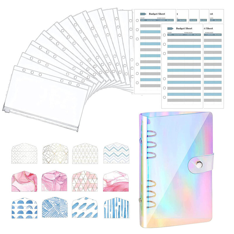 Organizer per buste per contanti A6 Rainbow PVC Binder Notebook, con 12 tasche per raccoglitori, 12 fogli di Budget e adesivi per etichette