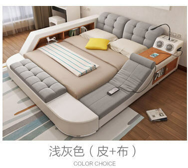 Marco de cama de masaje multifuncional de tela de cuero, cama nórdica, luz LED, Altavoz Bluetooth, tablero de bloc de notas de radio seguro