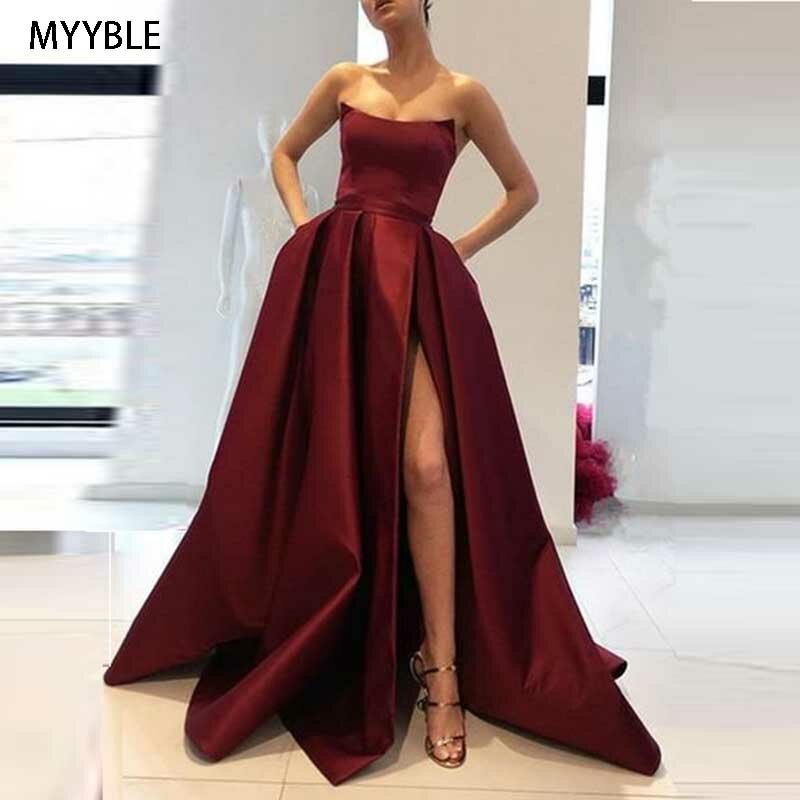 MYYBLE Sexy bez ramiączek suknia długa, bez rękawów boczne rozcięcie Vestidos Satin Line sukienki na przyjęcie wieczorowe suknie Robe De Soiree