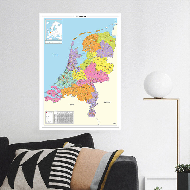 42*59Cm Peta Politik Belanda Poster Kecil Lukisan Kanvas Perlengkapan Sekolah Perjalanan Ruang Keluarga Dekorasi Rumah Dalam Bahasa Belanda
