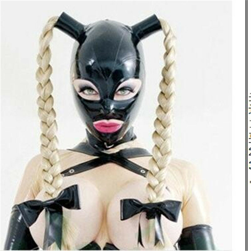 Heißer Erwachsene Spiel Sexy Latex Haube gummi Maske mit haarteile perücken Zwei haufen pony tails stroh Zöpfe mit zurück zipper haar spielzeug