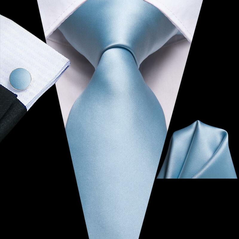 Light Blue Solid Silk Wedding Tie For Men Fashion Designer Handky Cufflink Mens Necktie Set Business Party Dropshipping Hi-Tie