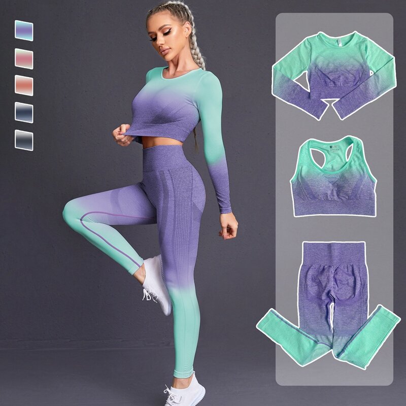 Women's Seamless Yoga Set Gym Suits Fitness Clothing Sportswear High Waist Leggings Long Sleeve Crop Top Sports Bra tracksuit