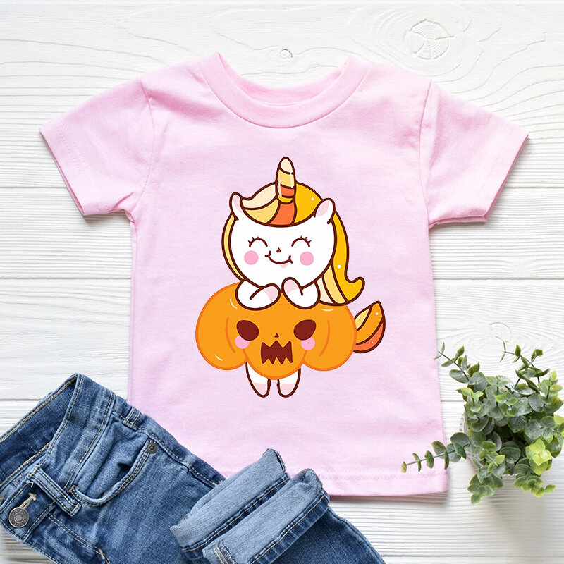 2022 Kawaii Unicorn Pumpkin Face T-Shit Happy Halloween T Shirt Vintage Short Sleeve T-Shirts Boy Girl Tshirt Tees Top