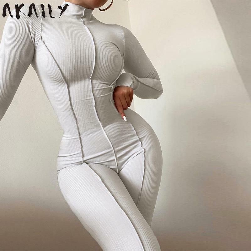 Akaily-mono acanalado blanco para mujer, ropa de calle, trajes de una pieza para mujer, negro, cuello redondo, manga larga, Bodycon, otoño, 2021