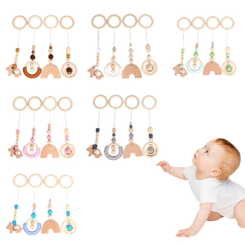 Anneau de dentition en bois pour bébé, 4 pièces/ensemble, cadre de gymnastique, poussette, pendentifs suspendus, anneau molaire, hochet d'allaitement, jouets cadeaux pour chambre de bébé