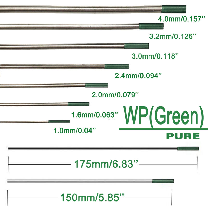 WP (녹색) 순수 텅스텐 전극 1.0 1.6 2.0 2.4 3.0 3.2 4.0mm 알루미늄 용접 전극, 10PCsc Tig 전극