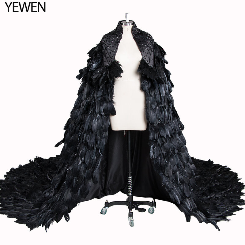 Penas lindo preto longo prom capa robe yewen cristais casamento jaqueta elegante fotografia extravagante adereços robe de soire