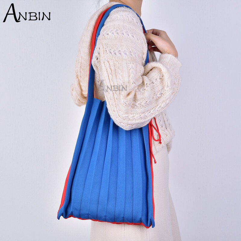 Bolso de hombro para mujer, bolsa de lana de punto de doble cara, Color sólido, pliegues, cosido, bolso de diseñador