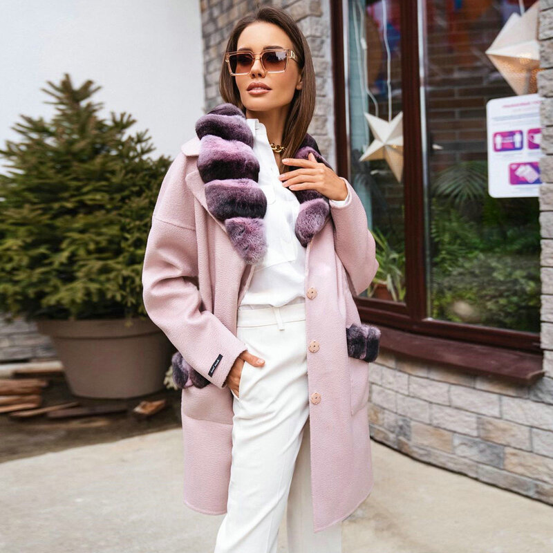Fashion Long Wool Blends Coat with Rex Rabbit Fur Turn-down Collar Natural Women Genuine Rex Rabbit Fur Overcoats Luxury Female