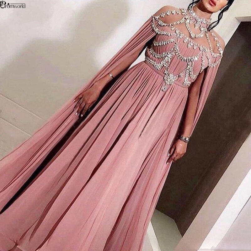 Blush Pink Gaun Malam Formal Muslim 2022 Ilusi Leher Tinggi Kristal Sifon Islami Dubai Kaftan Gaun Malam Panjang Arab
