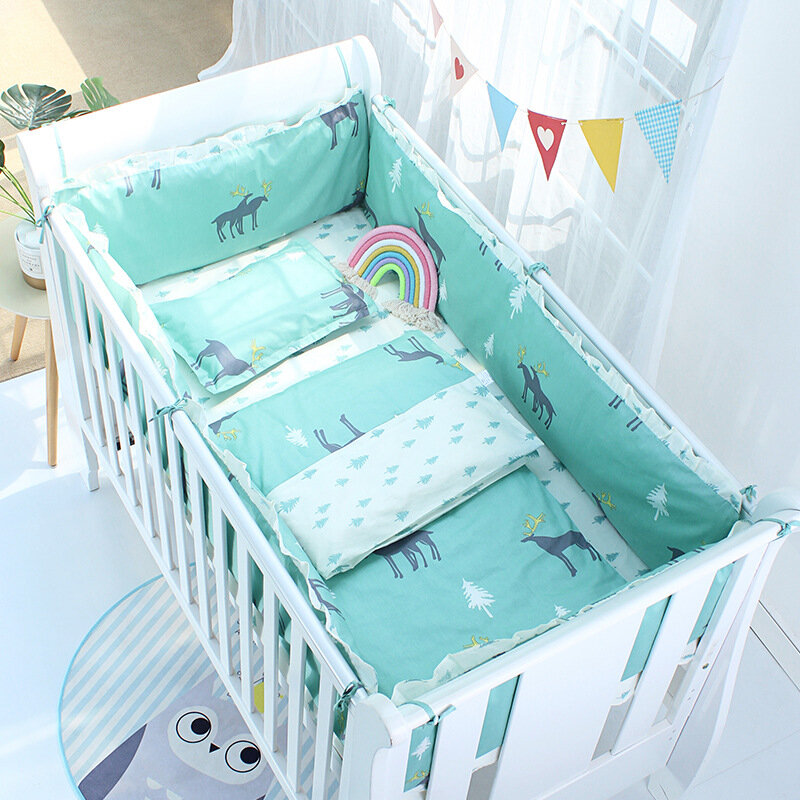 Baby Crib Bumper For Newborn Infant Cotton Cartoon Print Baby Bed Set Detachable Zipper Kids Room Decor Cot Protector 5pcs Set