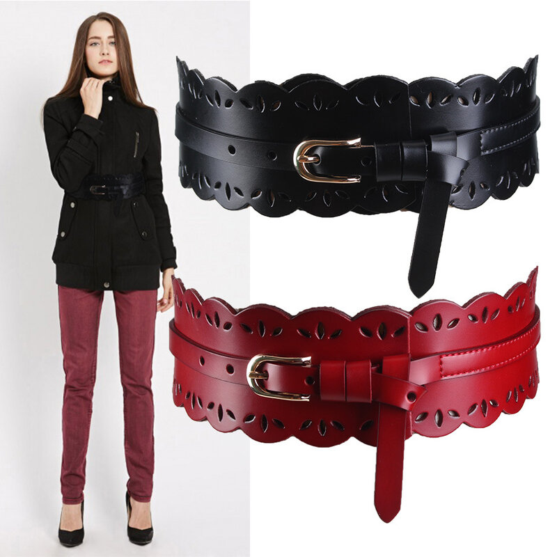 Ladies waist seal Real cowhide High Quality Women Belt With Width Hollow Fashion Decoration Black Red And Gray 67--82CM wide 7CM