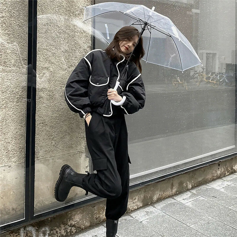 ผู้หญิงเสื้อฤดูหนาวใหม่ลงฝ้ายแจ็คเก็ตสีดำขอบสีขาวสั้นเสื้อแฟชั่นเกาหลี All-Match แขนยาว outerwear ผู้หญิง