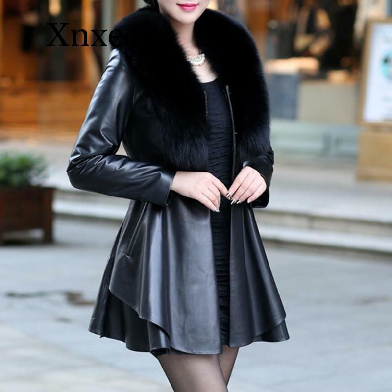 Elegante Cardigan invernale cappotto arruffato abito in pelle manica lunga in pelle Pu temperamento Outwear tendenza eco-pelliccia donna nero