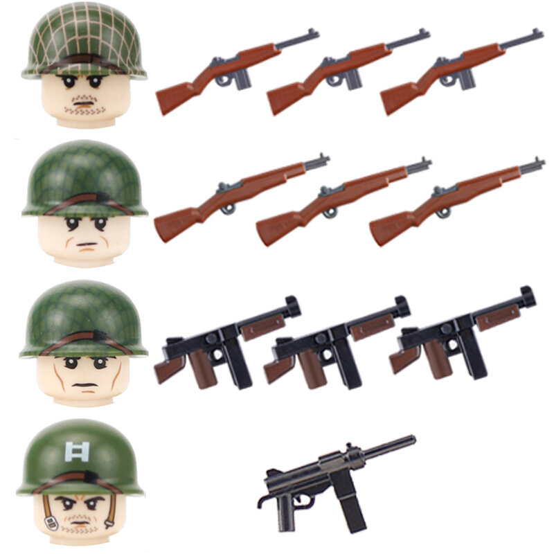 Wojskowy US Marine Corps hełm broń klocki WW2 armia Navy Squad figurki żołnierzy dwa kolorowe pistolety Mini Model cegły zabawki