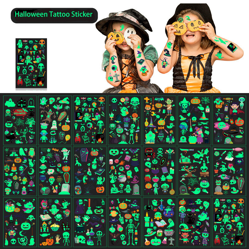 10 Buah Stiker Tato Anak-anak Halloween Bercahaya Stiker Tato Wajah Lengan Seni Tubuh Transfer Kartun Tahan Air Sementara Bercahaya Hadiah Mainan Anak