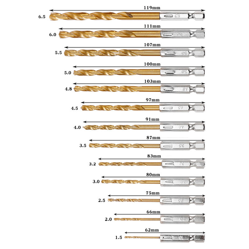 13 шт. 1/4 шестигранный хвостовик 1,5-6,5 мм Шестигранная ручка спиральное сверло с титановым покрытием набор сверл из быстрорежущей стали для деревообработки Высокоскоростная сталь