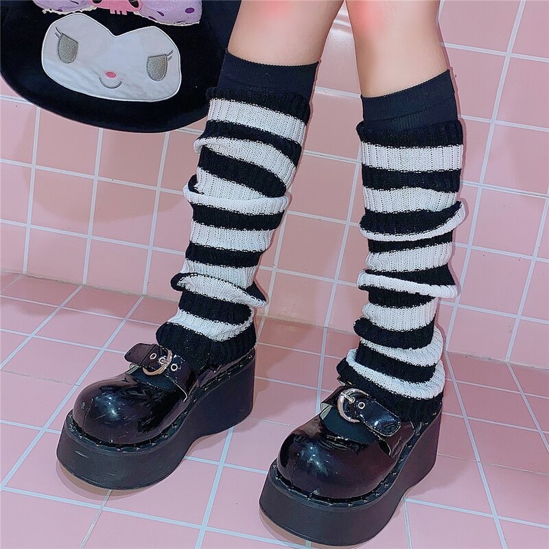 Y2K E-girl Goth Striped Women Leg Warmers 2000s Lady Cute Jk Stretch Knee-length Cool Hipster Warm Knit Sock Fashion Socks