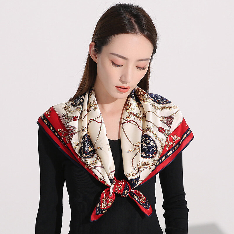 Lenço quadrado de seda 100% verdadeira para mulheres, estampada com lenço de pescoço feminina, de seda natural pura, 88x88cm