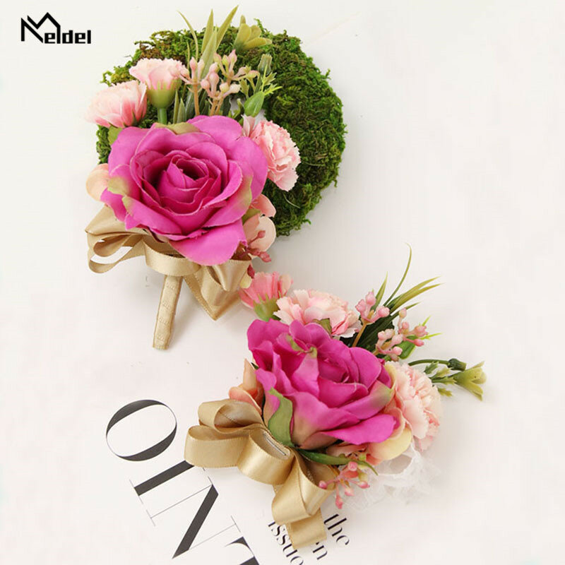Meldel งานแต่งงานสร้อยข้อมือ Corsage Bridesmaid ดอกไม้ประดิษฐ์ดอกไม้เจ้าบ่าว Boutonniere Corsage Flore ผ้าไหมดอกไม้เข็มกลัดงานแต่งงานแต่งงาน