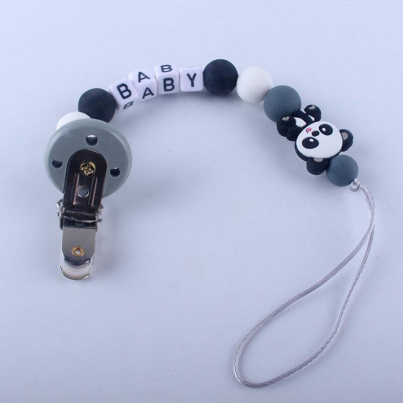 Nieuwste Gepersonaliseerde Naam Cartoon Panda Siliconen Tandjes Ketting Baby Baby Voeden Fopspeen Strap Chain
