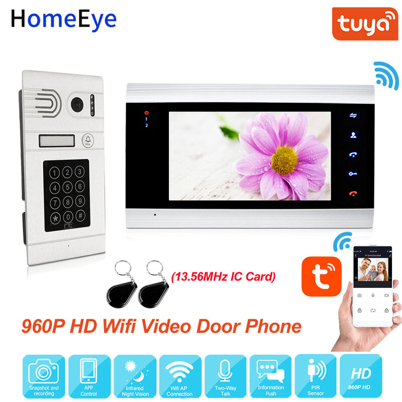 Wi-Fi IP-видеодомофон Tuya с управлением через приложение для умного дома, домофон с контролем доступа, датчиком движения, кодовой клавиатурой и IC-картой