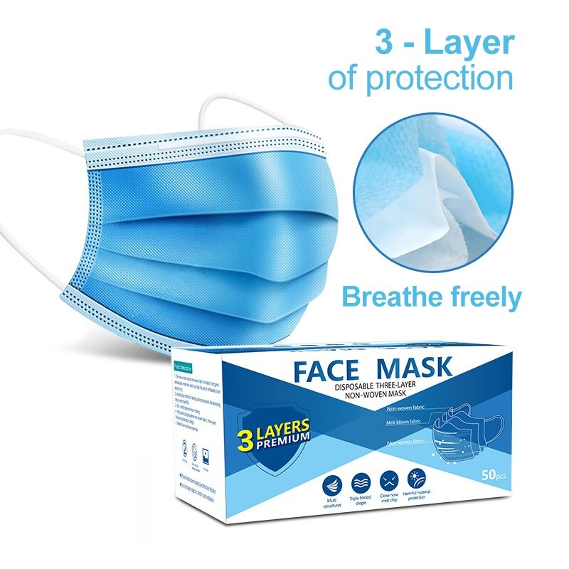 Máscara descartável para homem e mulher mascarilla meltblown pano earloop máscara facial 3-camada de respiração safty máscaras de boca azul