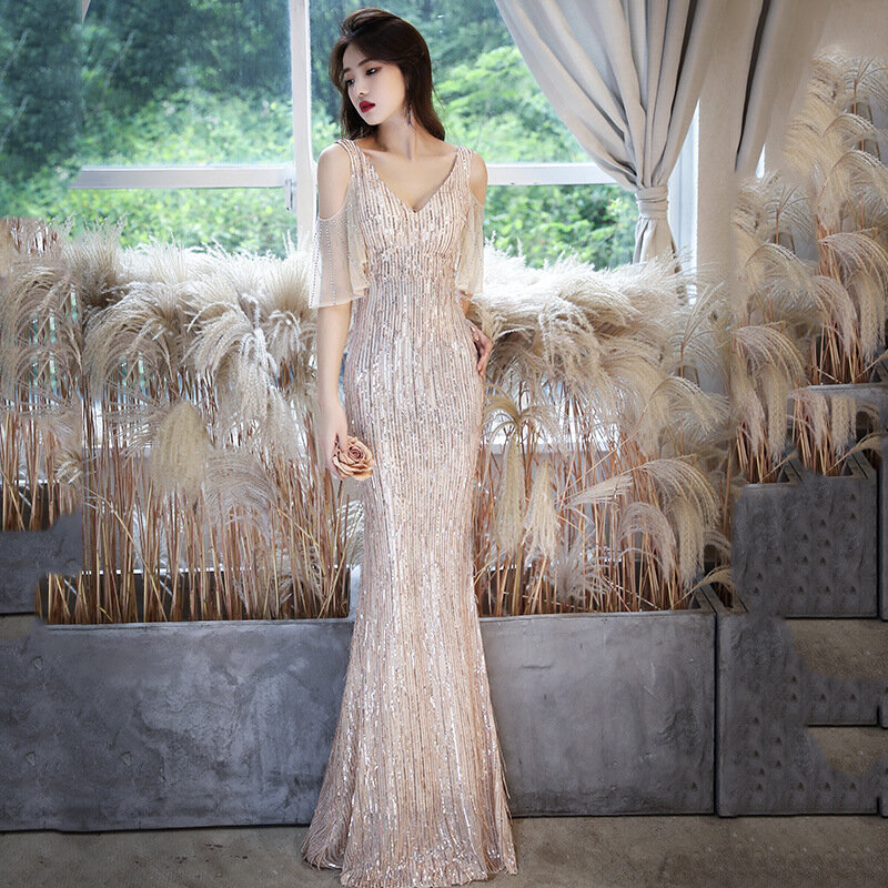 Женское вечернее платье-русалка, с V-образным вырезом, блестками и кисточками, приталенное платье для выпускного вечера, 2021