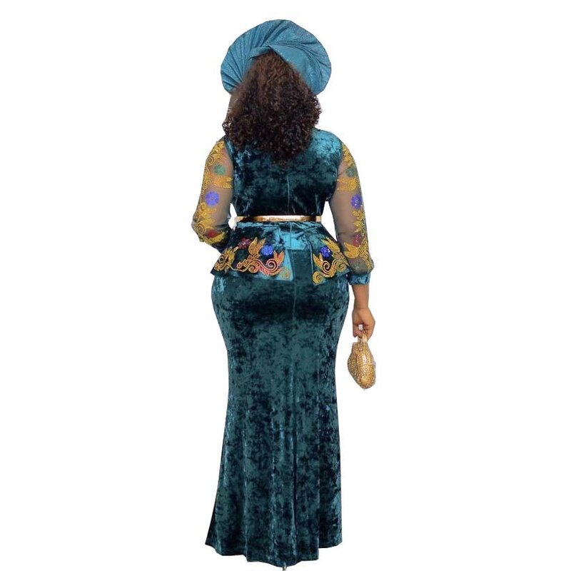 Afrykański, aksamit sukienki dla kobiet Dashiki szlafrok z długim rękawem sukienka afrykańska afryka odzież świąteczna diamentowa sukienka Maxi bez Headtie