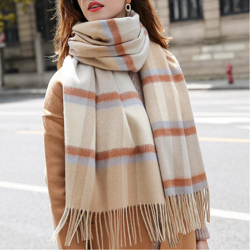 Écharpe à carreaux en cachemire pour femme, 100% laine véritable, grand châle et enveloppes pour femme, pashmina chaud, hiver