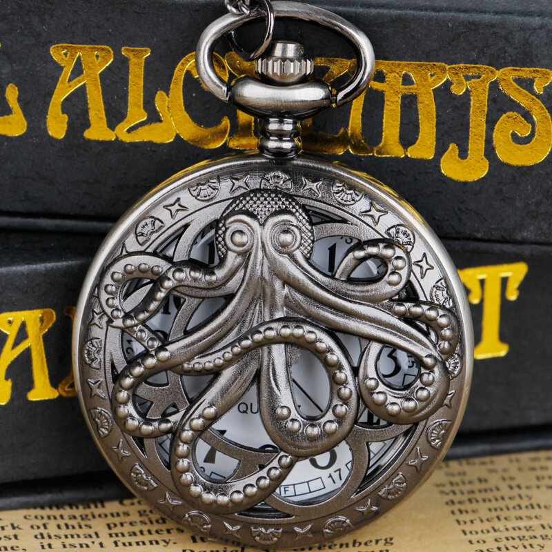 Novo clássico Octopus Hollow Hunter Black Quartz Pocket Watch Steampunk com colar de presente para crianças
