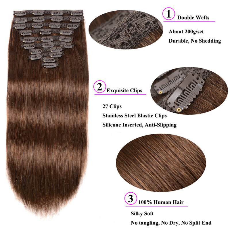 ShowCoco-Clip em extensões de cabelo humano, 100% Remy Silky Straight, Natural Clip-On cabelo, 200G, 10pcs por conjunto, 2022