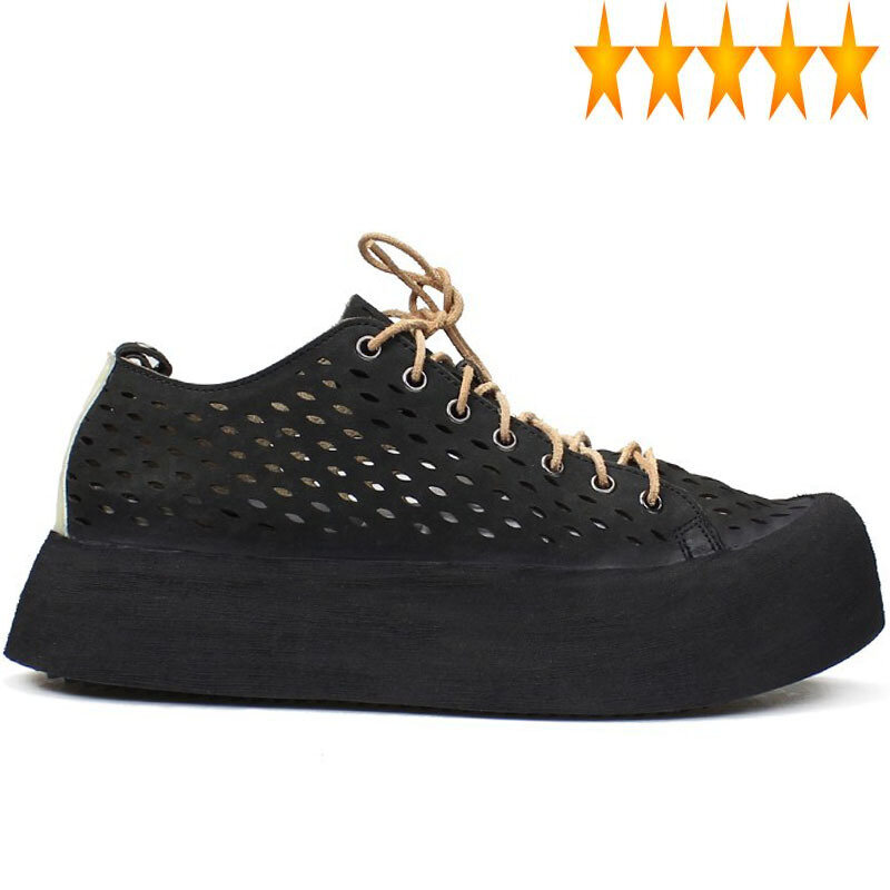 Out Summer Mens Breathable Hollow Cow Genuine Leather Thick Platform Shoes High Street Casual Lace Up Sneakers Sandals