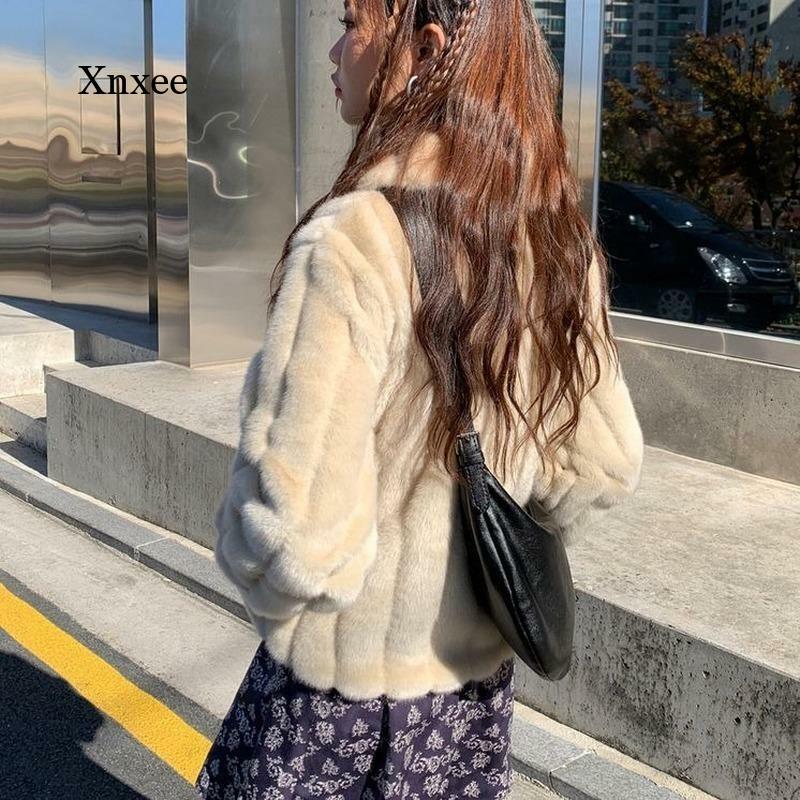 따뜻한 토끼털 긴팔 인조 모피 코트 여성용, 흰색, 편안한, 겨울, 2021