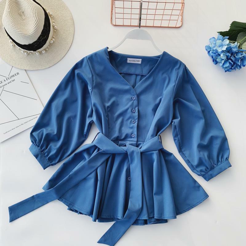 패션 여성 3/4 소매 Beho 블라우스 새로운 2019 봄 가을 슬림 붕대 짧은 셔츠 여성 섹시한 v 넥 싱글 브레스트 탑