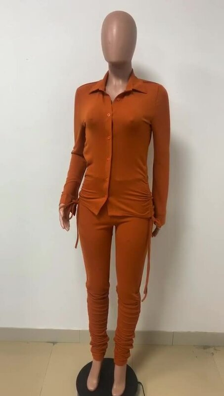 Casual Women Tracksuit Two Piece Set Pleated Bottom Shirt And Long Pants Solid Color Streetwear Matching Set Clothes For Women