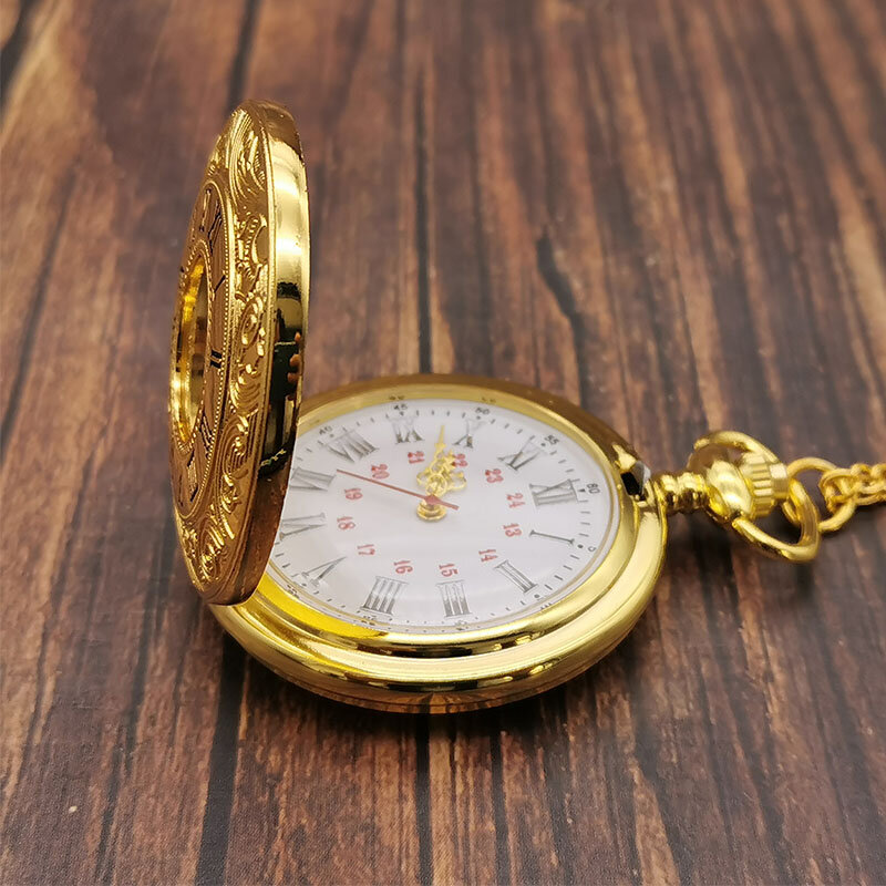Relógio de bolso vintage clássico de ouro, relógio de quartzo com correntes de algarismos romanos, unissex, caixa oca, colar com pingente, presente para homens e mulheres