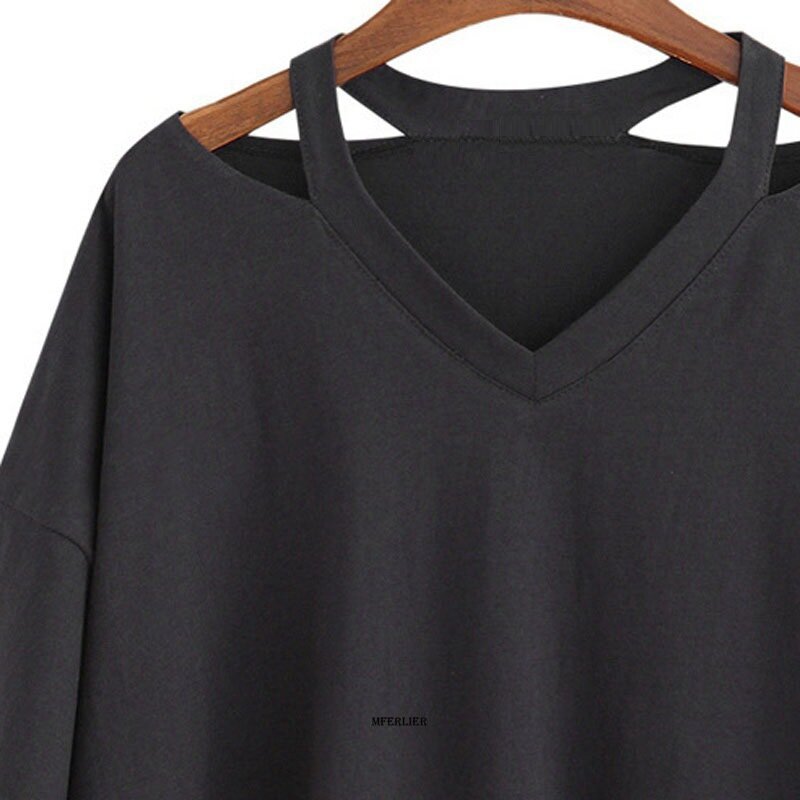 Camiseta negra de talla grande para mujer, blusa holgada de verano con cuello en V, 7XL, 150KG